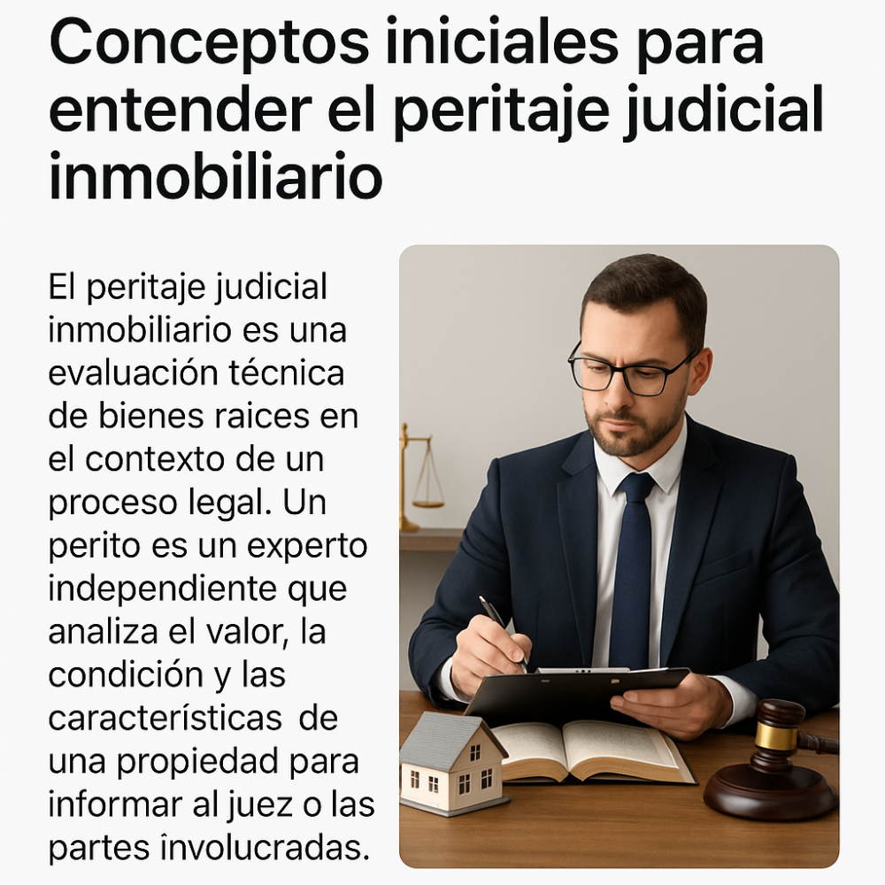 Perito judicial inmobiliario revisando documentación técnica sobre una propiedad en su despacho, junto a una maqueta de casa, un mazo judicial y una balanza de la justicia.